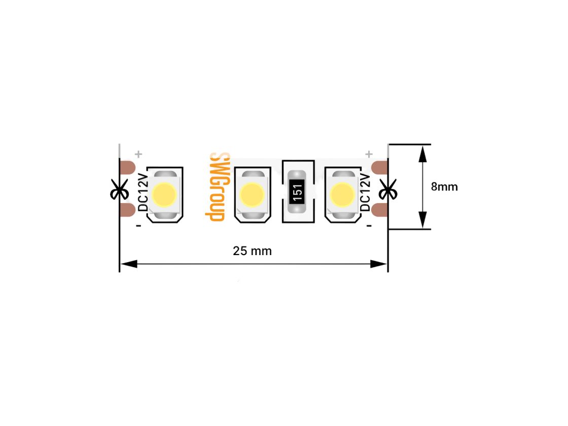 Фрагмент светодиодной ленты SMD3528, маркировка DC12V