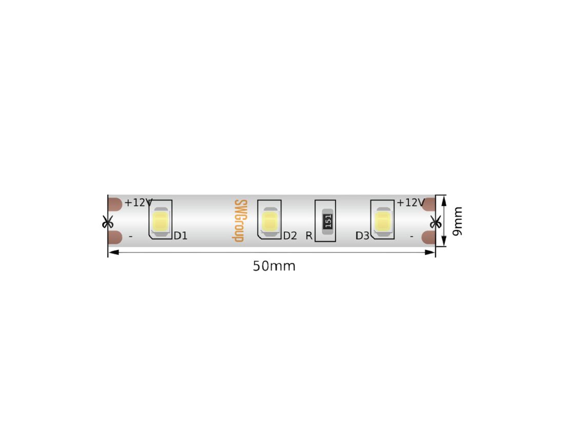 SMD2835 LED lentinin 12 V-luq hissəsi, kəsim addımı 50 mm