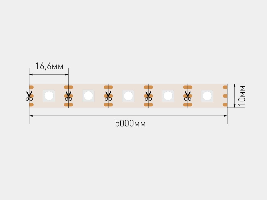 5 m LED lentinin sxemi: eni 10 mm, kəsmə addımı 16,6 mm