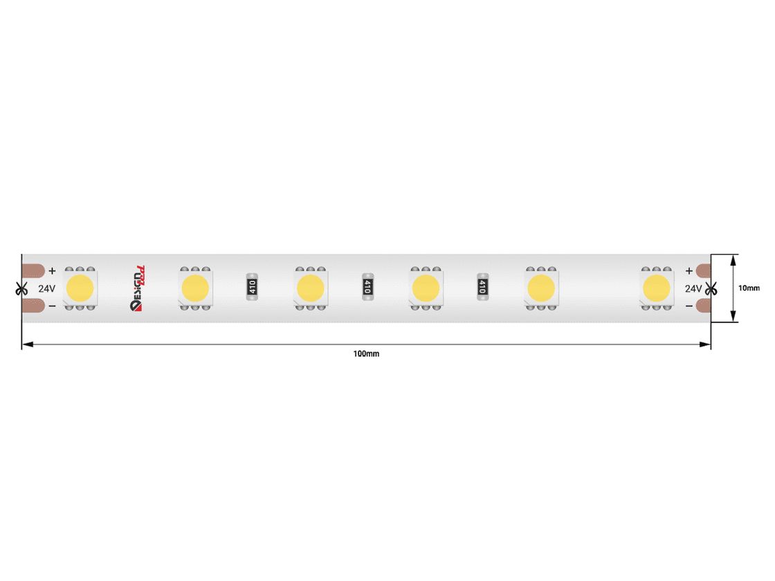 Kontakt meydançaları olan 24 V LED lent fraqmenti