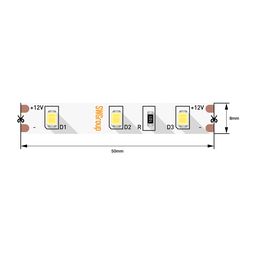 Üzərində +12V işarəsi və kontaktları olan SMD2835 LED lent fraqmenti