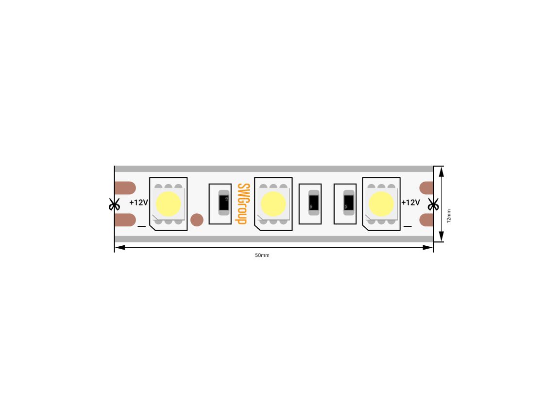 +12V işarəsi və kontaktları olan LED lent parçası